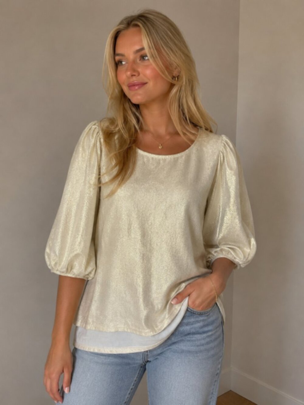 elegant champagne gold metallic blouse Italian brand